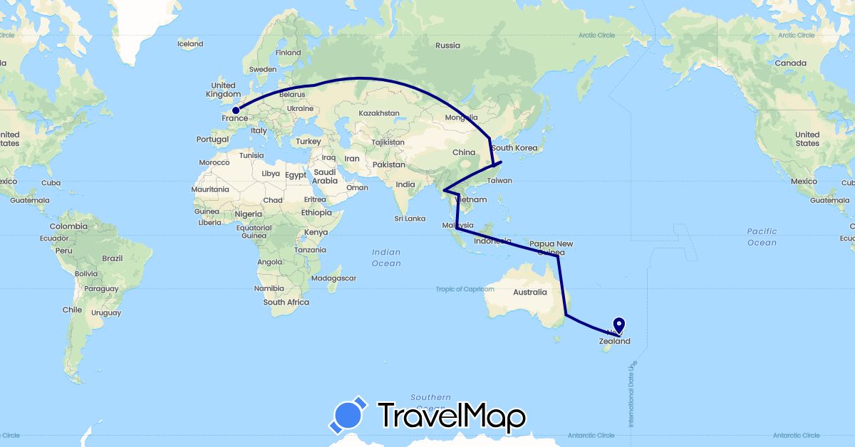 TravelMap itinerary: driving in Australia, China, France, Laos, Myanmar (Burma), Malaysia, New Zealand, Papua New Guinea, Russia (Asia, Europe, Oceania)